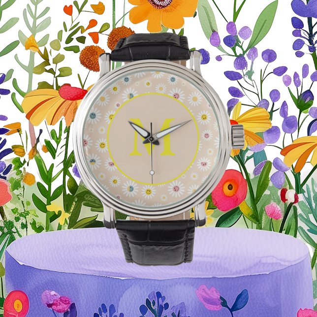 Relógio Monograma Colorido Smiling Daisy personalizado (Colourful Monogram Smiling Daisy personalised Watch)