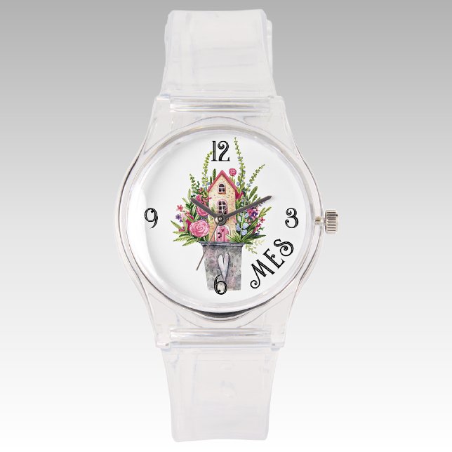 Relógio Monograma, Cottage Fadas Rosas Silicone Transparen (Criador carregado)
