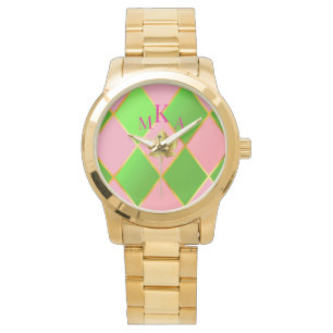 Relógio Monograma de Argyle Dourado, cor-de-rosa e verde
