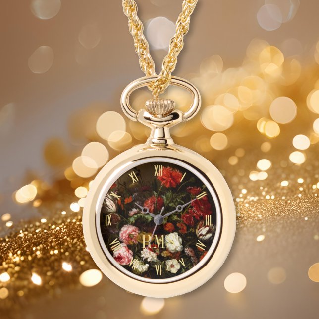 Relógio Monograma de Arte Floral (Floral Art Elegant Monogram Womens Necklace Watch)