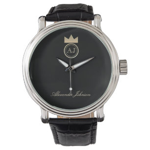 Relógio Monograma de Coroa de Ouro Real , Nome Preto Elega