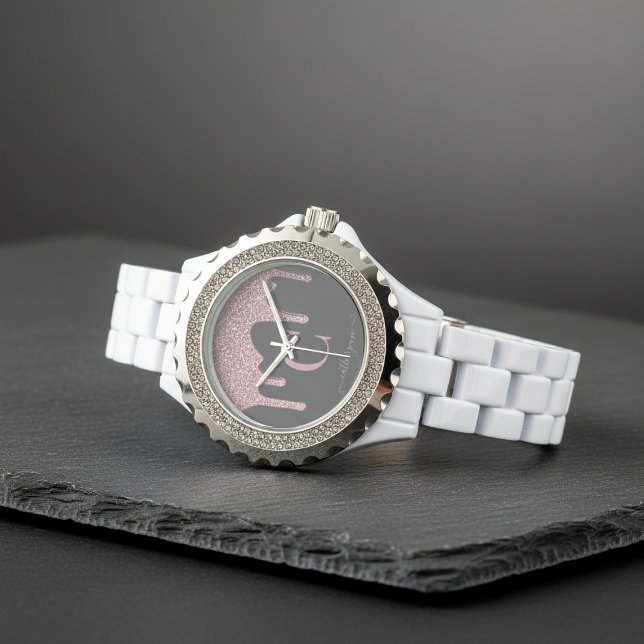 Relógio Monograma de Drives Literativos Dourados com Rosa  (Glam Black Rose Gold Glitter Drips Monogram Watch)
