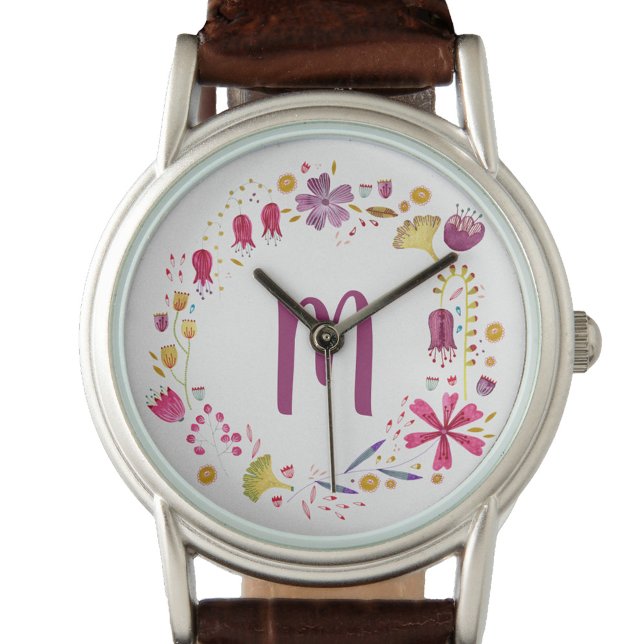 Relógio Monograma de Flor de Autumn Moderna Watercolor (Monogram floral wreath personalized initial watch)