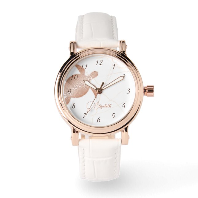 Relógio Monograma de Mármore Branco Tartaruga Dourado Rosa (Frente)