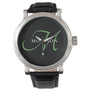 Relógio Monograma de Script Verde Preto Moderno Elegante