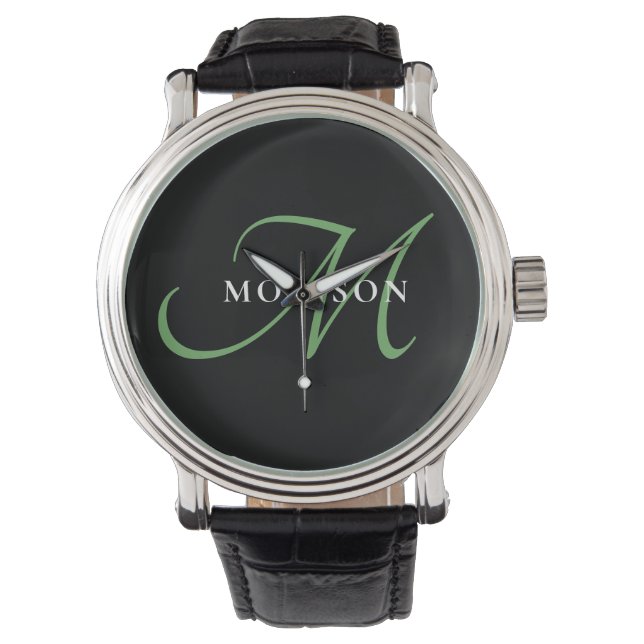Relógio Monograma de Script Verde Preto Moderno Elegante (Frente)