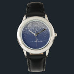 Relógio Monograma de Sparkle Azul Girly Marinho de Prata<br><div class="desc">Marinho Blue e Silver Sparkle Script Monograma Name Watch. Isto faz o doce e perfeito aniversário de 16 anos,  casamento,  chá de panela,  aniversário,  chá de fraldas ou festa de solteira presente para alguém que ama luxo de luxo e estilos quíticos.</div>