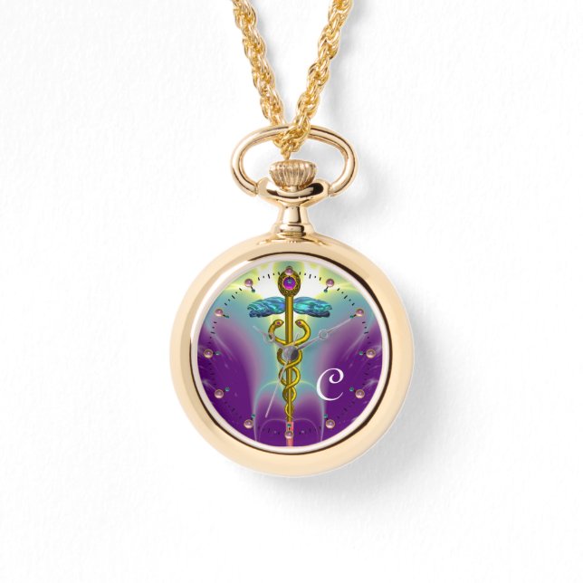 Relógio MONOGRAMA Dourada CADUEUS, Verde Roxo (Frente)