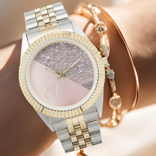 Relógio Monograma Elegante em Ouro Rosa (Elegant rose gold monogram watch with glitter detail, personalized with your first initial.)