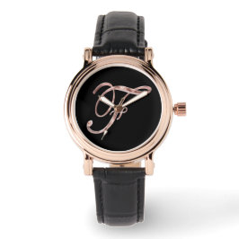 Relógio Monograma elegante F Rosa preto Dourado