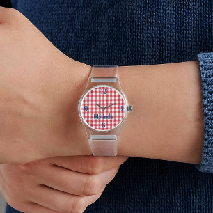 Relógio Monograma Feminino em Xadrez Vermelho e Branco em 
