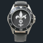 Relógio Monograma Fleur De Lis Moderno, preto e branco sim<br><div class="desc">Fleur De Lis Monogramas: Relógio resistente à água dos homens - Aço inoxidável e couro - Personalize com a sua versão inicial ou elimine-a se desejar. O fleur-de-lis ou fleur-de-lys é um lírio estilizado, íris ou flor de lótus e é um símbolo tradicional da realeza. A na moda, design moderna,...</div>