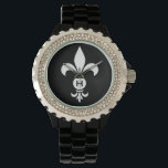 Relógio Monograma Fleur De Lis Moderno, preto e branco sim<br><div class="desc">Fleur De Lis Monograma Mulheres a Observar o Bracelete do Enamel Negro com Rhinestones - Personalize com o seu inicial ou apague se desejar. O fleur-de-lis ou fleur-de-lys é um lírio estilizado, íris ou flor de lótus e é um símbolo tradicional da realeza. A na moda, design moderna, branca e...</div>