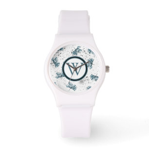 Relógio Monograma Floral azul de aço elegante