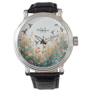 Relógio Monograma Floral de Aves de Aquarela de Primavera