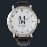 Relógio Monograma inicial de nome personalizado<br><div class="desc">Um presente personalizado simples de relógio de graduação que apresenta o início em preto com o nome monograma. Simples aparência clássica.</div>