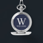 Relógio Monograma Personalizado Clássico e Nome<br><div class="desc">Monograma personalizado e Dif de nome apresentam monograma personalizado e nome no estilo de fonte de serif clássica em fundo azul marinho. Perfeito para feriado,  reunião familiar e para quaisquer ocasiões especiais.</div>