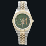 Relógio Monograma Personalizado de Agitação Lítida Dourada<br><div class="desc">Este relógio monograma personalizado apresenta um passado moderno,  verde-agado,  acentuado com brilho de ouro falso. Personalize o seu monograma inicial na caligrafia manuscrita com o seu nome acima. Um presente feminino único para aniversário,  feriados e qualquer ocasião especial. Projetado apenas para você por Camisetas Extremas!</div>