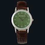 Relógio Monograma personalizado de cara verde minimalista<br><div class="desc">Um olhar verde minimalista para mulheres. Crie seu próprio nome de marca personalizado, relógio de luxo. Design de discagem de relógio de eterno clássico com índices finos, incluindo minutos e horas, mas sem os números. Adicione seu próprio monograma personalizado, nome personalizado, nome do designer, iniciais, ano de nascimento, logotipo, ícone,...</div>