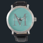 Relógio Monograma Personalizado e Nome Leve Teal<br><div class="desc">Monograma Elegante Personalizado e Presentes de Nome com monograma personalizado no estilo de letra serif clássico com caixa de nome no meio do monograma.</div>