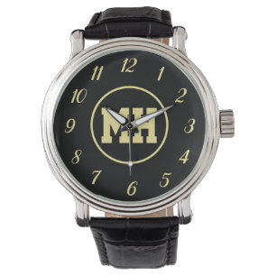 Relógio Monograma preto Elegante moderno Dourado