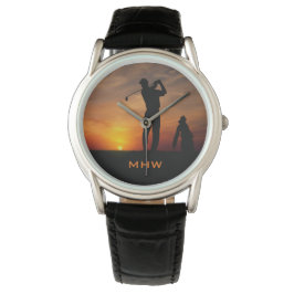 Relógio Monogramas personalizados Golfer Sunset