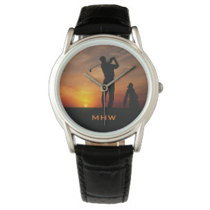 Relógio Monogramas personalizados Golfer Sunset