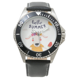 Relógio Montre Hello summer acier inoxydable cuir noir