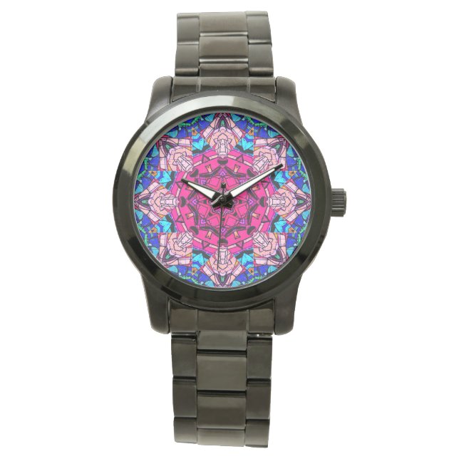 Relógio Mosaico Rosa Mandala Floral Psicélico Retro (Frente)