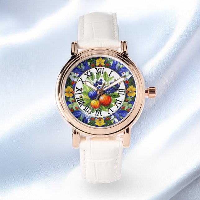 Relógio Motif De Deruta Buquê E Vegetais Italianos (Zazzle Italian Deruta Bouquet Fruits And Vegetables Motif Watch Satin Background)