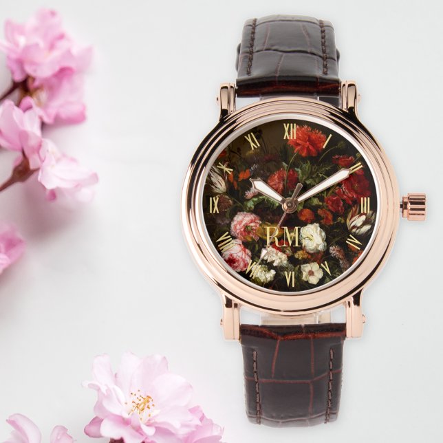 Relógio Mulher Arte Floral Elegante Rosa Monograma Dourado (Womens Floral Art Elegant Rose Gold Monogrammed Watch)