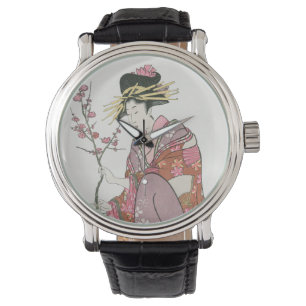 Relógio mulher japonesa pintura vintage arte xilogravura