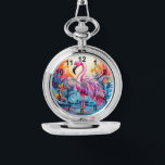 Relógio Mulheres Elegantes Flamingo, Rosa Tropical Colorid<br><div class="desc">Colorida Mulher Elegante Flamingo,  Rosa Tropical,  Watches apresenta um paraíso tropical colorido com um flamingo rosa cercado por flores tropicais. Criado pelo Evco Studio www.zazzle.com/store/evcostudio</div>
