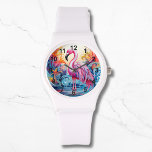 Relógio Mulheres Elegantes Flamingo, Rosa Tropical Colorid<br><div class="desc">Colorida Mulher Elegante Flamingo,  Rosa Tropical,  Watches apresenta um paraíso tropical colorido com um flamingo rosa cercado por flores tropicais. Criado pelo Evco Studio www.zazzle.com/store/evcostudio</div>