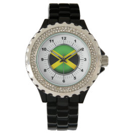 Relógio Mulheres na Jamaica Flag Rhinestone Black Enamel W