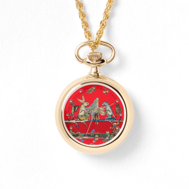 Relógio MÚSICA BESTIÁRIA MEDIEVAL, Coelho, Cão Vermelho Wa (Frente)