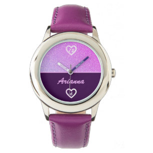 Relógio Na moda Purple Faux Glitter Girly Pink Name Glam