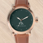 Relógio Na moda Verde Escuro Monograma Watt Minimalista Mo<br><div class="desc">Um design de monograma minimalista com grandes iniciais tipográficas em uma fonte clássica com seu nome abaixo em um fundo verde escuro. O presente ou acessório perfeitamente personalizado!</div>