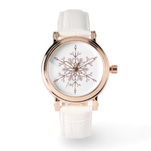 Relógio Natal do Floco de Neve Dourado com Rosa Elegante