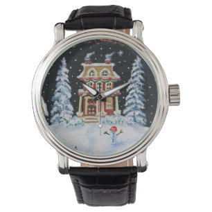 Relógio Natal, inverno, relógio, boneco de neve, casa,
