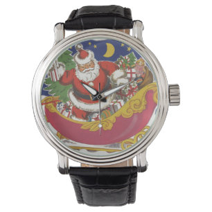 Relógio Natal Vintage, Alegre Papai Noel com Trenó