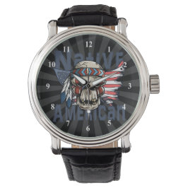Relógio Nativo Americano de Guerra Indígena Skull USA Flag