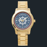 Relógio Náutica Navio Helm Wheel Capitão Boat Name Marinho<br><div class="desc">Um helicóptero náutico sobre navios - Roda com o título Capitão Rank ou outro título e o seu nome ou nome do barco num Na moda Watch. Este Pocket Watch personalizado não só vai chegar o tempo, como também é uma peça divertida de conversa. Perfeito para o Dia de os...</div>