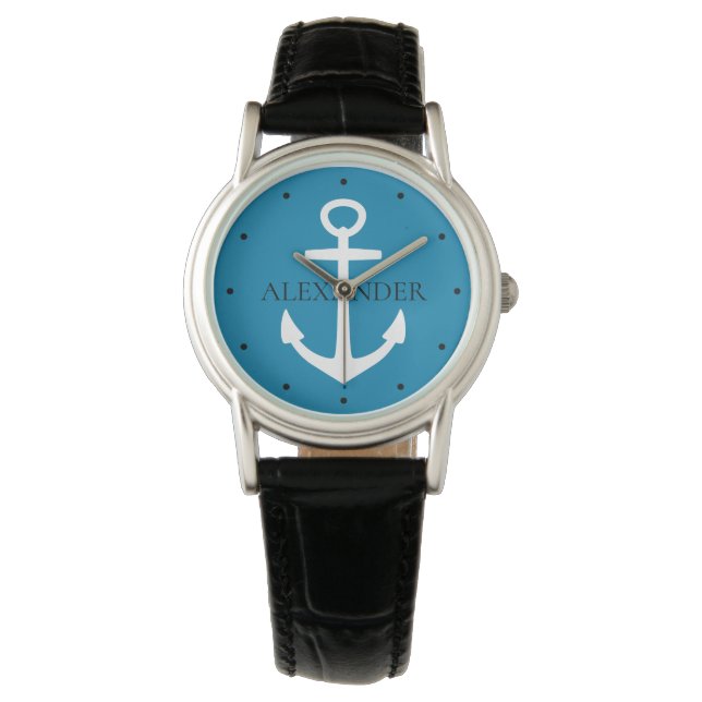 Relógio Nautical Blue and White Anchor Personalized (Frente)