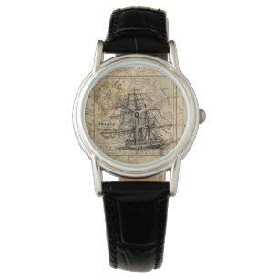 Relógio Navio Vintage e velho mapa europeu