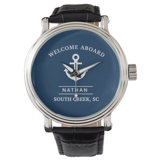 Relógio Navy Blue Welcome Aboard Custom Monogram Name (Frente)