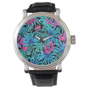 Relógio Neon Pink e Blue Tropical Plant PatterWatch