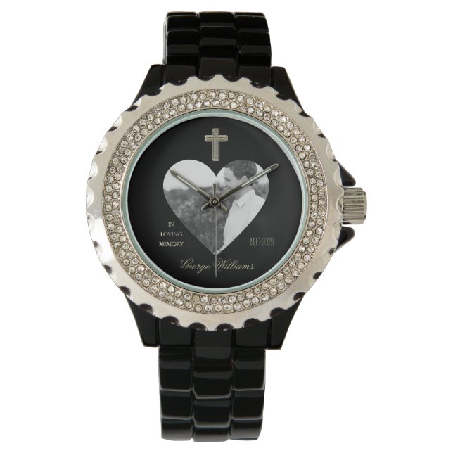 Relógio No Loving Memory Ouro Cross Heart Shape Photo (Frente)