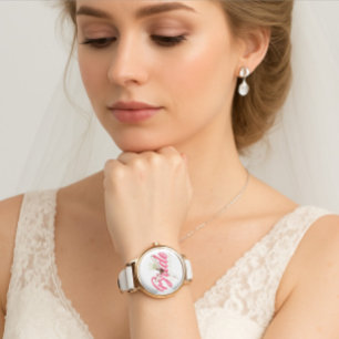 Relógio Noiva Personalizada Moderna Nome Rosa Brilhante Di