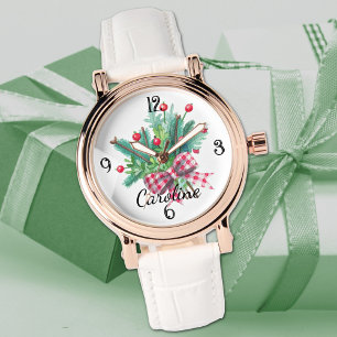 Relógio Nome, Bouquet Vermelho e Verde Couro Branco Femini